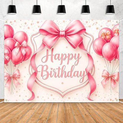 Happy Birthday Backdrop for Girls - 7x5ft Pink Bow Coquette Party Background, Photography Banner Decoration for Baby Toddler Kids First Birthday, Photo Booth Backdrop