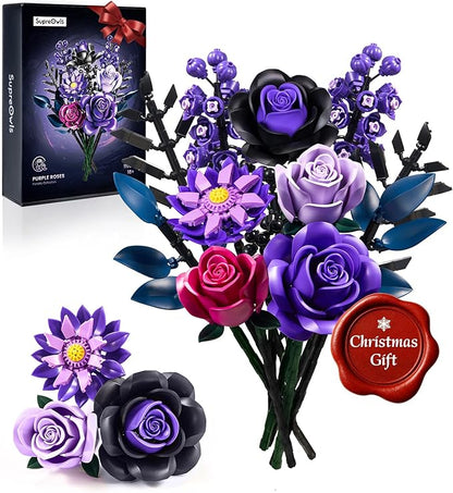 iATOM Flower Bouquet Building Set, Christmas Purple Roses Botanical Collection Kits for Adults Women - Gothic Home Office Table Centerpiece Decor - IA11004