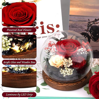 Birthday Gifts for Women Preserved Red Real Rose Flowers in Glass Dome, Forever Rose Gift for her Mom Wife Girlfriend on Christmas Birthday Anniversary