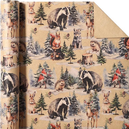 WRAPAHOLIC 30 Inch Kraft Christmas Wrapping Paper - 30 Inch x 33 Feet - Wild Animals Winterfall Watercolor Design for Christmas, Holiday, Party Celebration