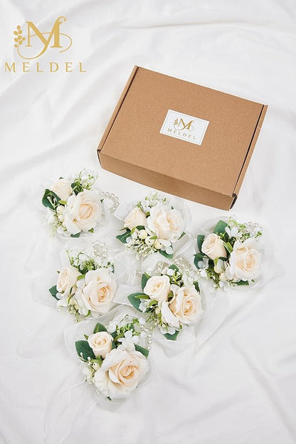 Meldel Champagne Wrist Corsage for Bride Bridesmaid Wedding,Set of 6, Romantic Artificial Rose Pearls Wristband Wrist Flower for Bridal Shower Ceremony Prom Party, Mother and Grand Mother Wrist Flower