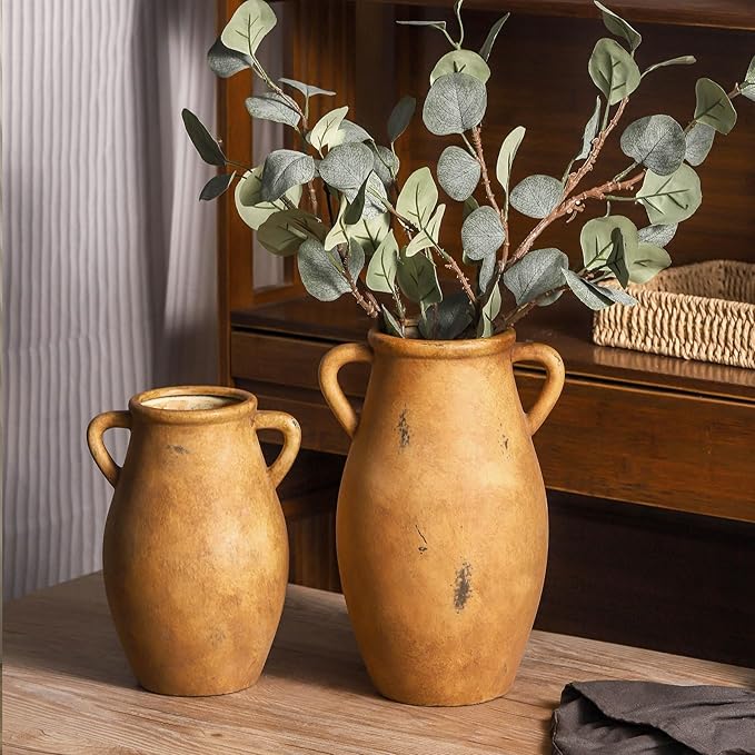 Ceramic Rustic Vase, Vintage Flower Vase with Handle, 9 inch Farmhouse Pottery Flower Vase for Home Decor, Living Room Shelf Decor, Enterway, Table