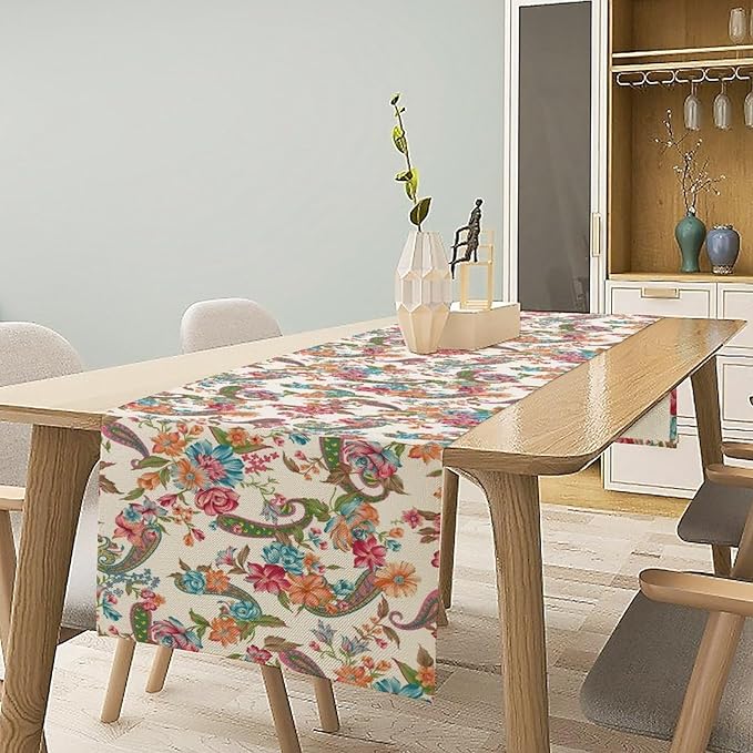 Boho Floral Table Runner, Colorful Bohemian Paisley Flower Design Table Runner for Kitchen Dining Home Party Decor, 13x108 Inch