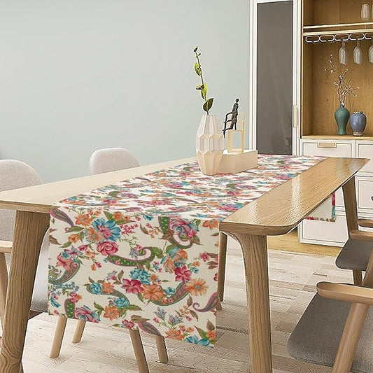 Boho Floral Table Runner, Colorful Bohemian Paisley Flower Design Table Runner for Kitchen Dining Home Party Decor, 13x90 Inch