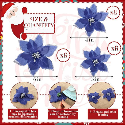 WILLBOND 24 Pcs 3 Size Poinsettia Flower Artificial Christmas Decor Glitter Poinsettia Christmas Ornaments Faux Flowers for Xmas Tree Outdoor(3.2/4/6 Inches,Navy Blue)
