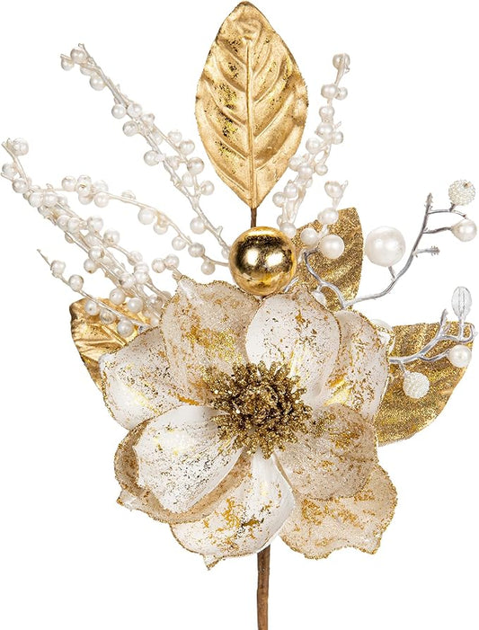 Briful 2PCS Christmas Glitter Magnolia Flowers Picks and Spray with Christmas Balls Ornament Berries Gold Leaves Branches for Xmas Tree Wreath Vase Centerpiece Floral Arrangement (White Gold)