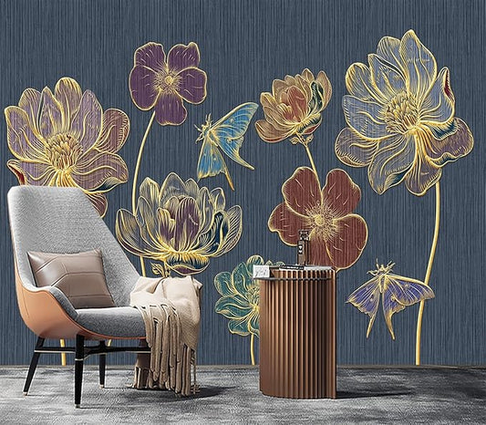 Eierme-Gold Embossed Plants and Flowers Mural Wallpaper Peel and Stick 90" x 67"