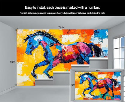 Abstract Horse Wall Mural, Colorful Horse Art 3D Wall Murals, Bold Abstract Animal Wallpaper Mural, for Living Room Bedroom Large Wallpaper Indoor Decor 118" W x 82.6 "H