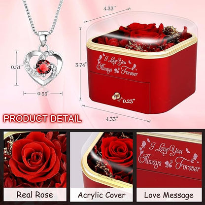 Preserved Roses Jewelry Box with Heart Necklace - Eternal Rose & ‘I Love You Always & Forever’ Engraving - Luxury Gift for Mom, Wife, or Grandma on Mother’s Day