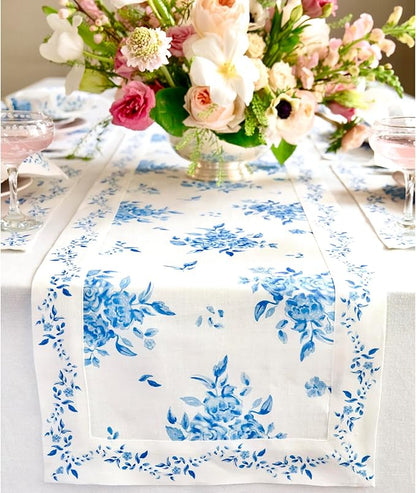 Solino Home Blue Floral Print Table Runner 90 Inches Long - 100% Pure Linen Table Runner 14 x 90 Inch - Handcrafted and Machine Washable - Jolie Fleur Print