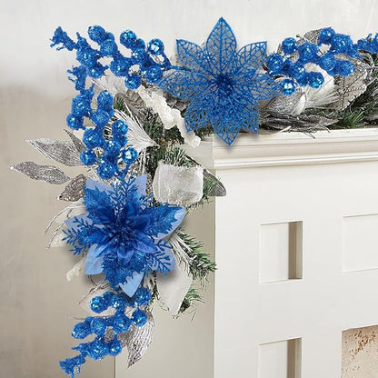 24Pcs Christmas Poinsettia Artificial Flowers and Glitter Berries Kit, 2 Styles Total 16Pcs Christmas Tree Flowers Ornaments, 8Pcs Christmas Tree Picks for Wedding Holiday Decorations, Baby Blue