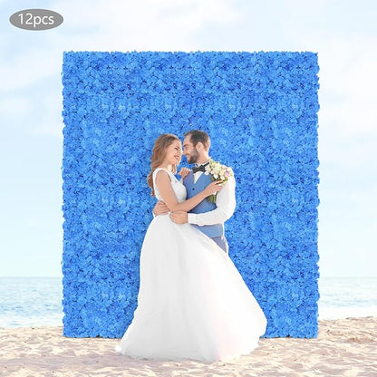 12Pcs Artificial Flower Wall Panel, 3D 15" X 15" Silk Rose Mat Artificial Flower Walls,Decorative Backdrop Flower Panels Wall for Wedding Party Stage Baby Shower Decor (Blue)