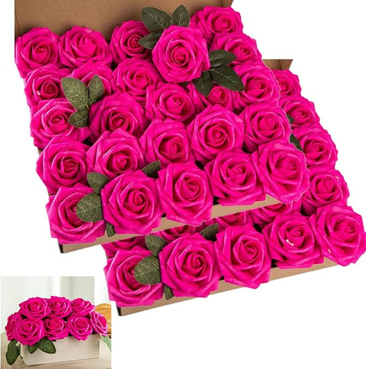 Artificial Flower Foam Hot Pink Rose 50pcs Real Looking Fake Rose with Stems Leaves for Home Decoration Party Garden Centerpieces DIY Wedding Bouquets（Hot Pink）