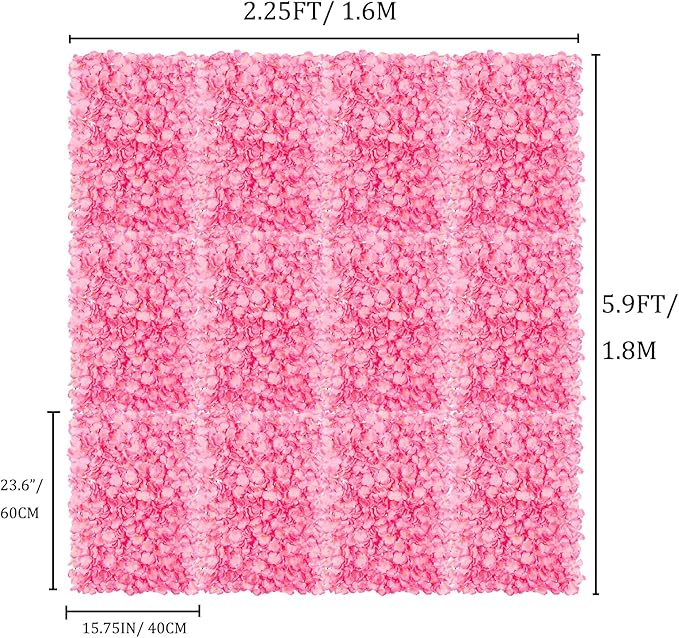 BLOSMON Flower Wall Panel Backdrop - 12 Pcs 24 x 16 Inch Pink Artificial Hydrangea Floral Backdrop for Wedding Party Baby Bridal Shower Decor, Hanging Fake Silk Flower Backdrop Decoration