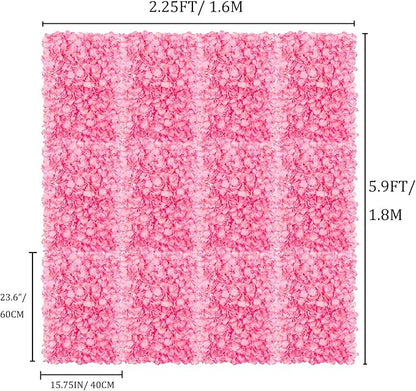 BLOSMON Flower Wall Panel Backdrop - 12 Pcs 24 x 16 Inch Pink Artificial Hydrangea Floral Backdrop for Wedding Party Baby Bridal Shower Decor, Hanging Fake Silk Flower Backdrop Decoration