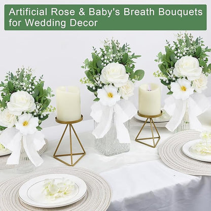 Set of 2 Bridesmaid Bouquets for Wedding - 7 Inch Artificial Flowers Bouquets for Ceremony Anniversary Centerpieces Decorations - White