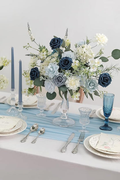 Blue Artificial Flowers Combo Box Set Gradient Color Flower Leaf with Stems for DIY Wedding Bouquets Centerpieces Baby Shower Party Home Decorations