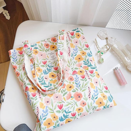 Cotton Canvas Tote Bag Reusable Soft Grocery Cloth Bag Floral Shoulder Bag for Beach Travel Shopping