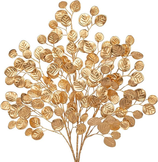 Hollyone 24.8” Christmas Tree Picks and Sprays 3Pcs Golden Artificial Eucalyptus Stems Eucalyptus Silver Dollar Leaves Branches Fake Gold Leaf Floral for Xmas Tree Garland Wreath Wedding Decor