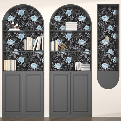 Black Blue Floral Peel and Stick Wallpaper Flowers Contact Paper 17.5"x118" Self Adhesive Waterproof Vintage Dark Floral Wall Paper for Shelf Liner Cabinet Decor