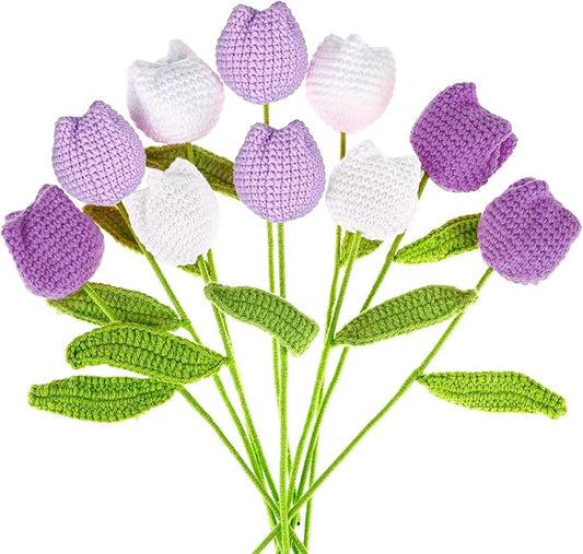 TLY 10 Pcs Crochet Tulips Flowers Artificial Flowers Bouquet Finished Handmade Knitted Tulip Bouquets with Leaf and Long Stem for Home Centerpieces Decor Valentine's Day Wedding Anniversary