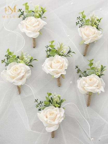 Meldel Boutonniere for Men Wedding, Set of 6, Artificial Champagne Rose Flower Corsage for Groom and Best Man, Ceremony Anniversary Formal Dinner Party, Fall Vintage Rustic Marriage Prom Decor