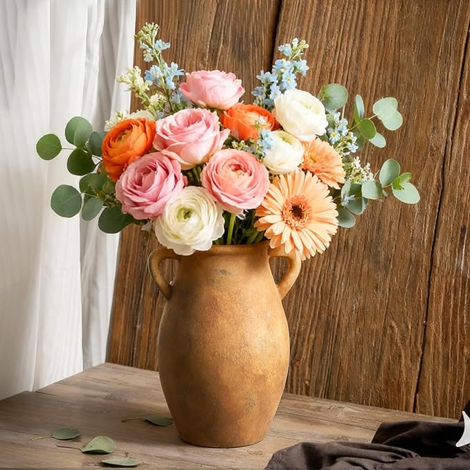 Ceramic Rustic Vase, Vintage Flower Vase with Handle, 9 inch Farmhouse Pottery Flower Vase for Home Decor, Living Room Shelf Decor, Enterway, Table