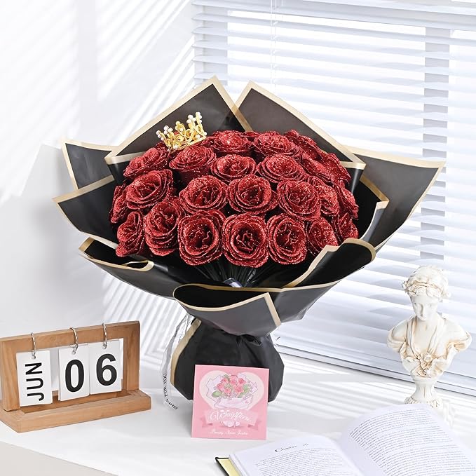 Waipfaru Glitter Roses Bouquet, DIY Fake Flowers Bouquet, Birthday Gifts for Women Mom, 36 Pcs Red Rose for Grandma Wife Girlfriend Valentines, Mothers Day, Anniversary, Graduation