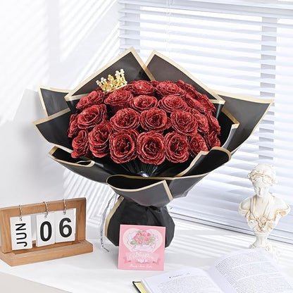 Waipfaru 24 Pcs Glitter Roses Bouquet, DIY Fake Flowers Bouquet, Artificial Red Rose Bouquet for Valentines, Anniversary, Engagement, Wedding