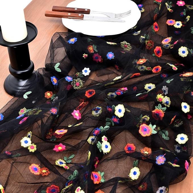 Joanlody Black Embroidery Daisy Christmas Table Runner 10ft Florals Seasonal Tulle Table Runner Holiday Kitchen Dining Table Decoration for Home Party Indoor