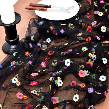 Joanlody Black Embroidery Daisy Christmas Table Runner 10ft Florals Seasonal Tulle Table Runner Holiday Kitchen Dining Table Decoration for Home Party Indoor