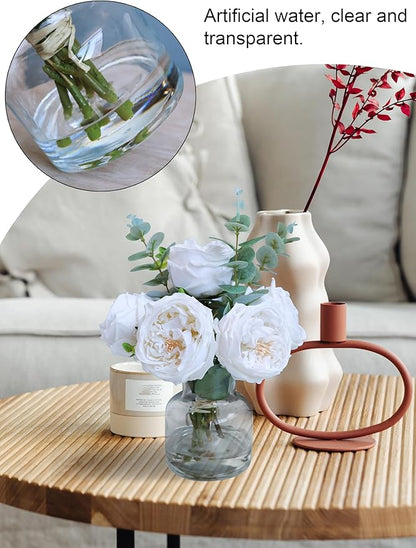 Forlaoers Modern White Roses Floral Silk Flower Arrangements Fake Flower Bouquet Artificial Flowers with Vase in Fake Water Centerpieces for Center Dining Table Decor Home Bathroom Office Decorations