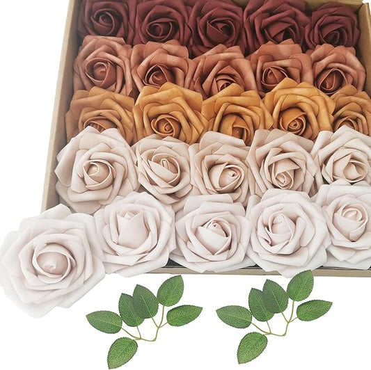 Artificial Fake Flowers 25pcs Roses, Shade of Brown Foam Rose Faux Flower for DIY Wedding Bouquets Bridal Shower Centerpieces Floral Arrangements Party Tables Home Decorations