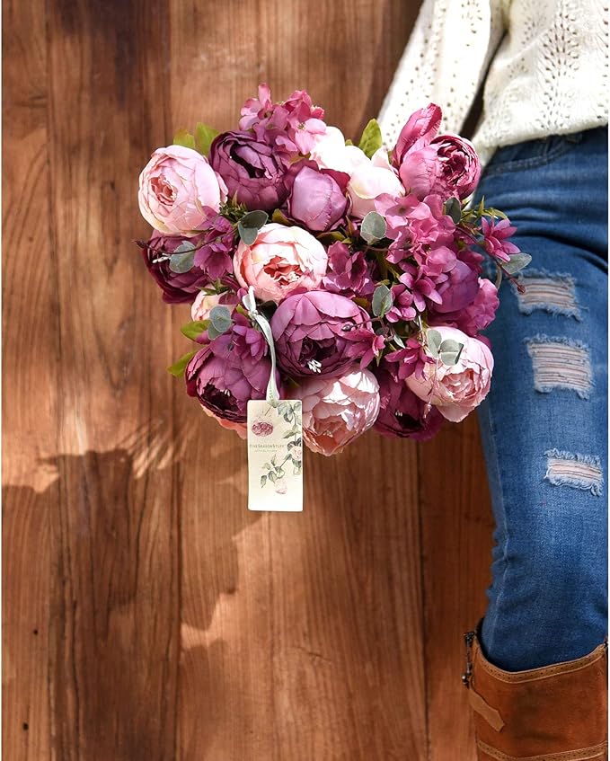 FiveSeasonStuff Vintage Artificial Peonies Silk Flowers and Hydrangeas for Wedding Bridal Home Décor – Beautiful Floral Centerpiece Arrangement Decoration with 2 Bouquets (Mixed Fandango)