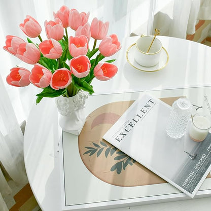 Mandy's Artificial Tulips 12 Stems Light Pink Partially Open PU Faux Flowers for Thanksgiving and Christmas Decorations Wedding Home Decor 13.5 Inch