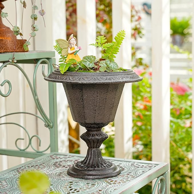 Sungmor Cast Iron Tabletop Flower Vase, Vintage Pretty French Urn Planter Design, 7" Tall 6.6" Wide Decorative Centerpieces Flower Stand Plants Holder, Artificial Flower Arrangements Home Decor
