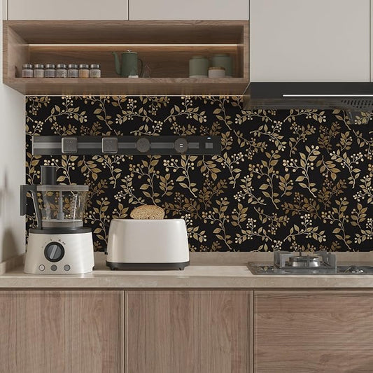 Extra Long Dark Floral Peel and Stick Wallpaper 17.5In x 32.8Ft, Vintage Self-Adhesive Contact Paper for Bedroom Stair Shelves Drawer – Boho Removable Vinyl Leaf Wall Paper in Black and Gold