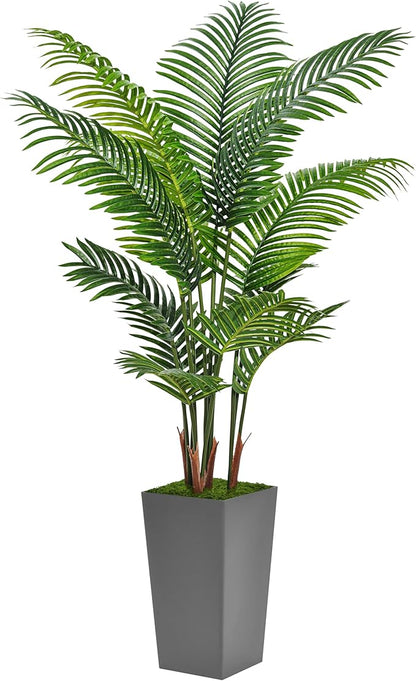 Artificial Palm Tree 5FT - Fake Tree with Gray Tall Planter - Faux Tropical Areca Floor Plant in Pot - Artificial Silk Plant for Home Office Living Room Decor Indoor