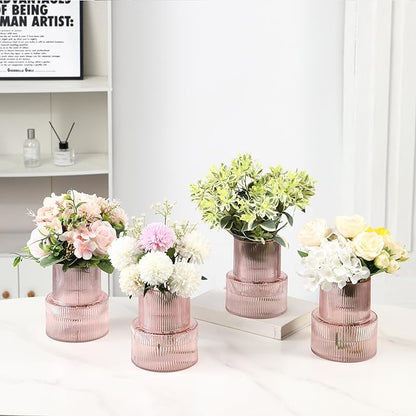 Ribbed Glass Vases, Set of 4 Small Vases for Flowers, Pink Glass Vase for Tulips, Modern Vase for Living Room, Kitchen, Office, Entryway, Bookshelf, Wedding Gifts, Birthday, 6 Inches