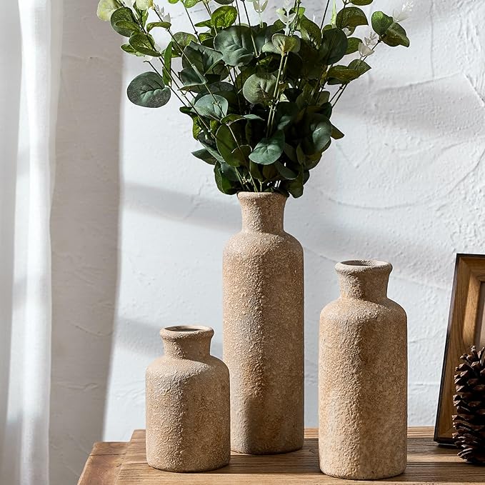 LUKA Ceramic Rustic Farmhouse Vase Set of 3,Terracotta Vases for Decor,Antique Vase for Your Bedroom,Office,Living Room,Fireplace,Bookshelf Decor,Housewarming (10+7.5+5 Inch)