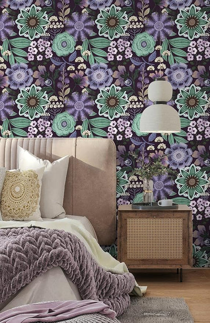HAOKHOME Boho Peel and Stick Wallpaper Floral Purple Vintage Wall Paper Cottagecore for Bedroom Bathroom Accent Wall 17.3in x 9.8ft