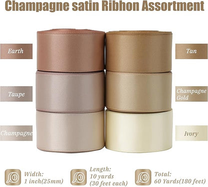 Champagne Ribbon 1 Inch Satin Ribbon 6 Rolls Assortment Pale Gold Ribbon for Wedding Silk Antique Gold Ribbon for Wedding Ribbon for Gift Wrapping Hair Bows Crafts Bouquet - 60Yards