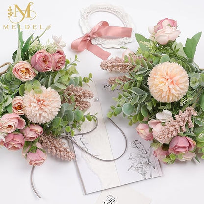 Meldel 3Pcs Rose Bouquet Pink Artificial Flowers Eucalyptus Plants Fake Silk Flower Arrangements Wedding Bouquets Decorations Plastic Floral Table Centerpieces for Home Kitchen Garden Party Decor
