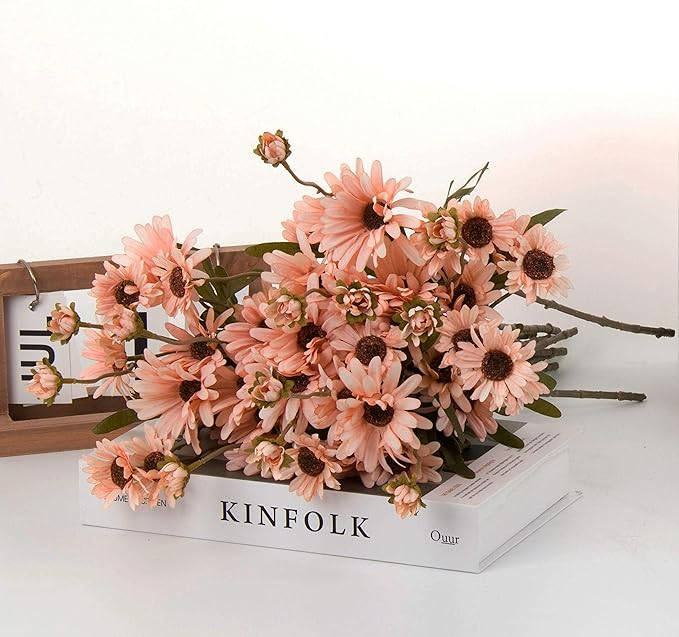 12pcs Gerbera Daisy Artificial Flowers 20 Inch Long Stem Artificial Daisy Mums for Home Décor Centerpiece Wedding Bridal Bouquet DIY(Pink)