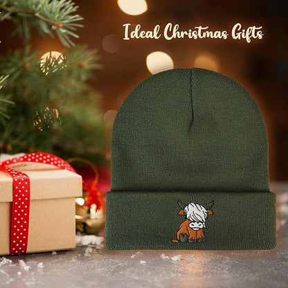 Scottish Highland Cow Beanie Hat, Cute Funny Cow Embroidery Winter Knit Skull Cap for Adult Men Women