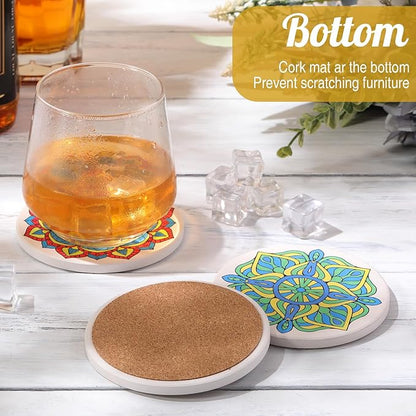 10 Pcs Ceramic Coasters for Drinks Color Your Own Coaster Set DIY Absorbent Cup Mat with 12 Markers and Cork Base Gift Arts and Crafts for Coffee Table Apartment Bar Home Decoration (Mandala)