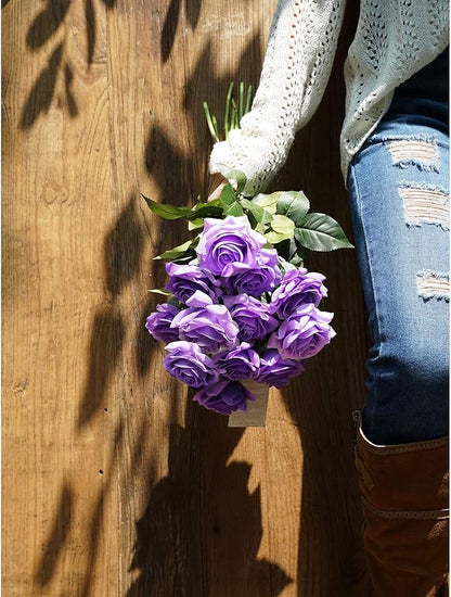 FiveSeasonStuff 12 Stems Artificial Flowers Real Touch Silk Roses for Wedding Decoration Bridal Bouquets Table Centerpieces Party Shower, Packed in Box (Eternal Purple)