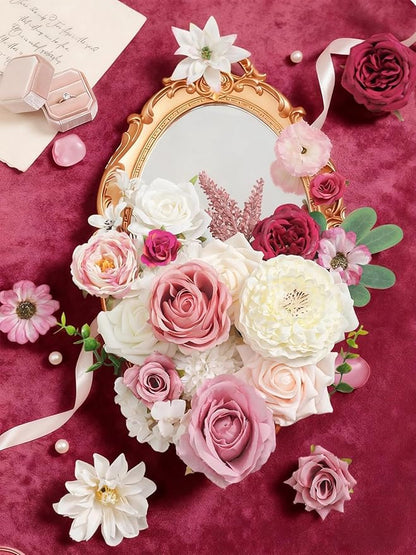 Artificial Flowers Combo Box Set White Pink Fake Roses Silk Flowers with Stems for DIY Wedding Bridal Bouquets,Floral Arrangement,Table Centerpieces,Baby Shower,Home Decorations