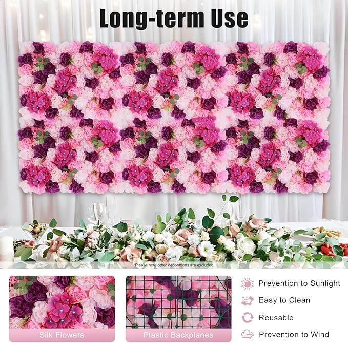 Flower Wall Backdrop 3D Wall Panels, 6Pcs Artificial Flower Wall Panel Silk Rose Floral Decorative Faux Flower Wall Background for Wedding Home Decoration (Pink, Purple,23.6 * 15.7in)