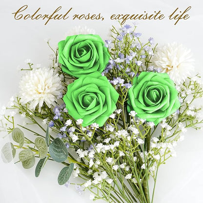BLEUM CADE 36Pcs Artificial Flowers Fake Roses with Stems, Bright Green Boxed Foam Roses for DIY Bouquets Centerpieces Wedding Party Arrangement Bridal Shower Decor